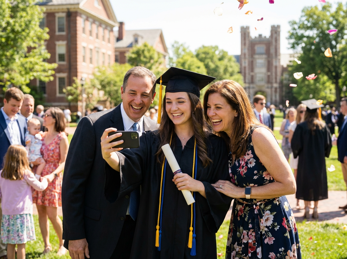 Graduate taking selfie with parents after ceremony