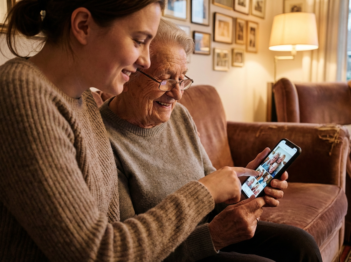 Young adult helping elderly grandparent view photos on smartphone
