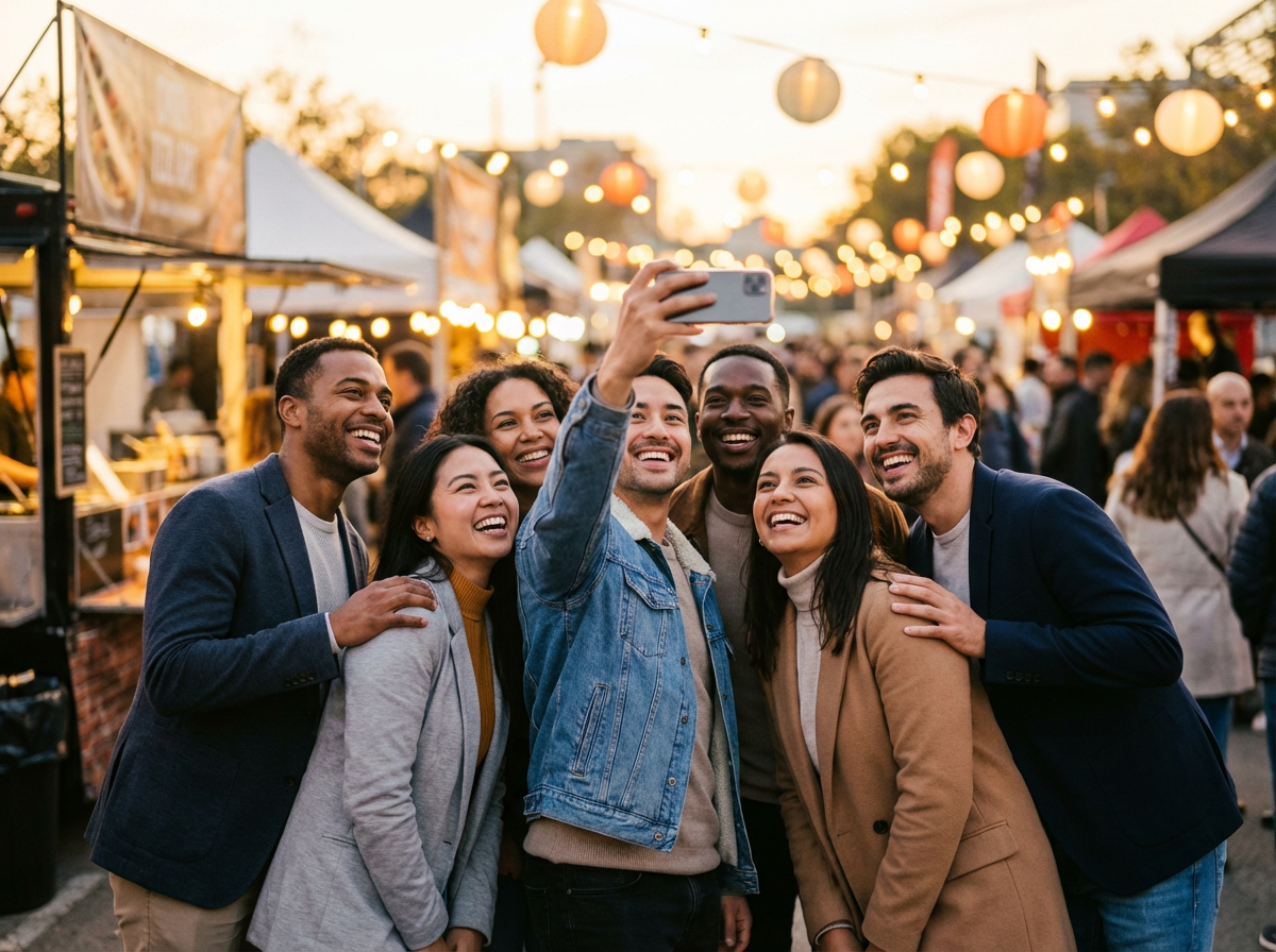 Group of friends taking a selfie at an event