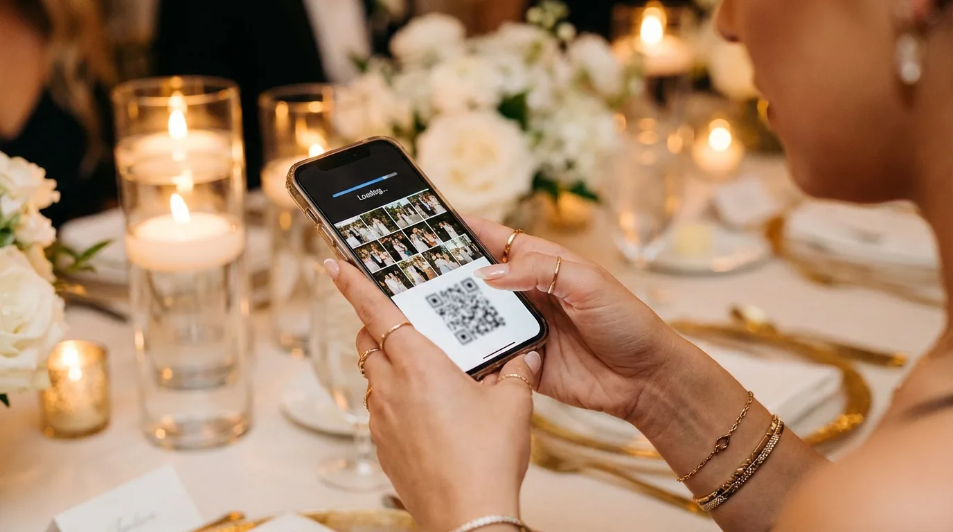 Wedding guest scanning QR code with smartphone