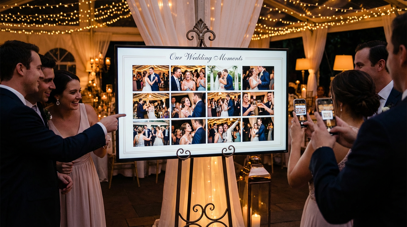 Live photo wall at wedding reception